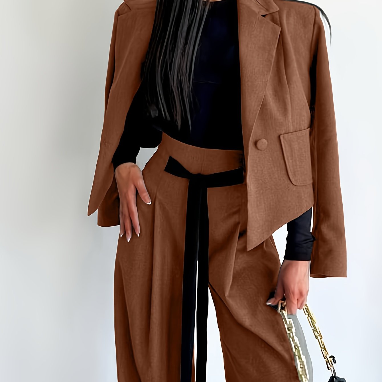 BK052044 Elegant Suit Jacket and Waist-Tie Loose Straight-Leg Wide-Leg Pants Women's Two-Piece Suit