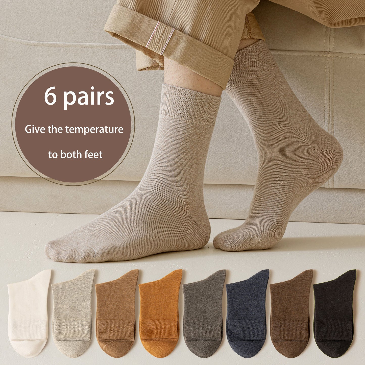6 Paia di Calzini da Uomo in Cotone a Mezza Gamba, Colore Solido Casual Versatile Nero Lungo Inverno Autunno, 1