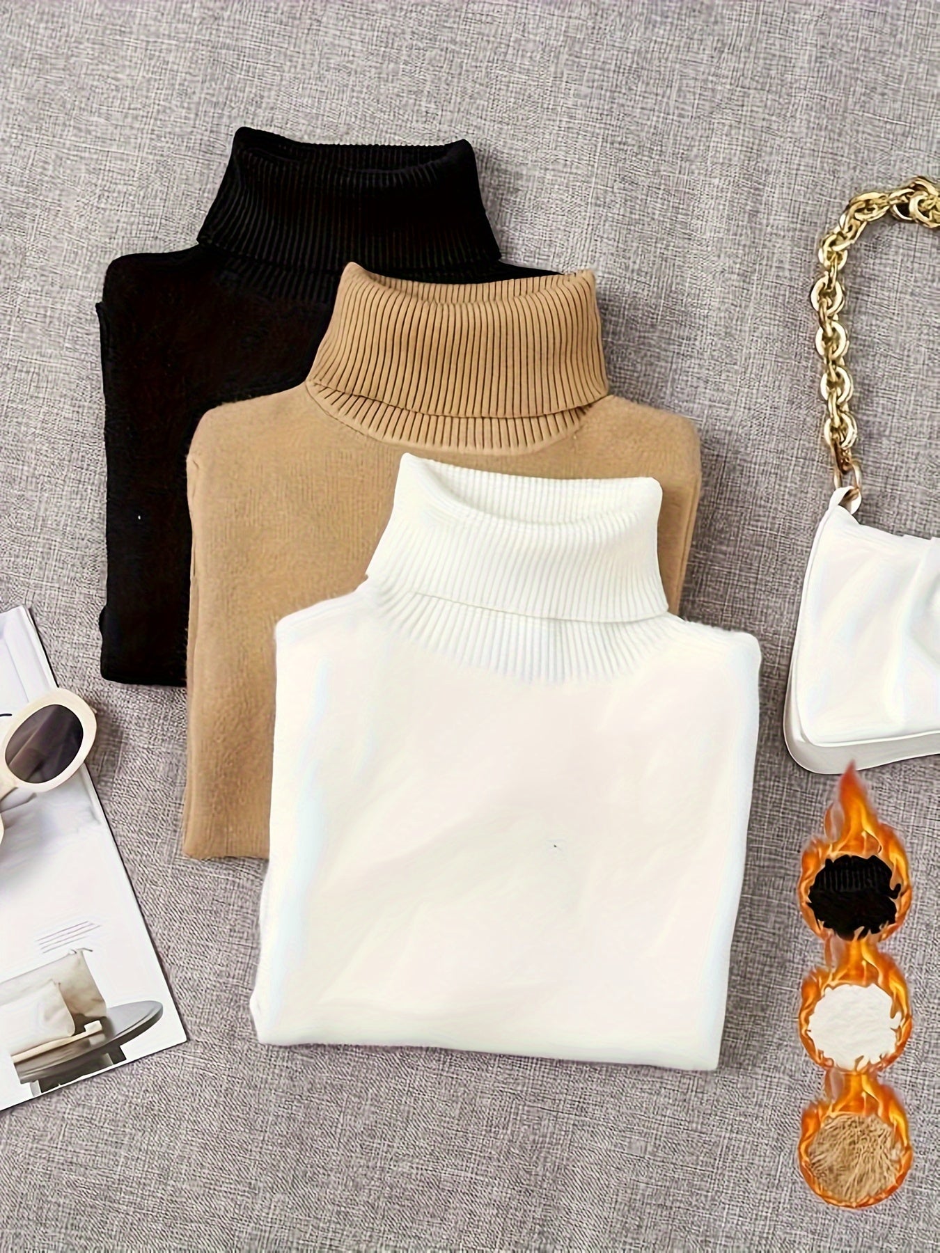3pz Maglione A Collo Alto Solido, Maglione Casual A Maniche Lunghe Per Autunno E Inverno, Abbigliamento Da Donna