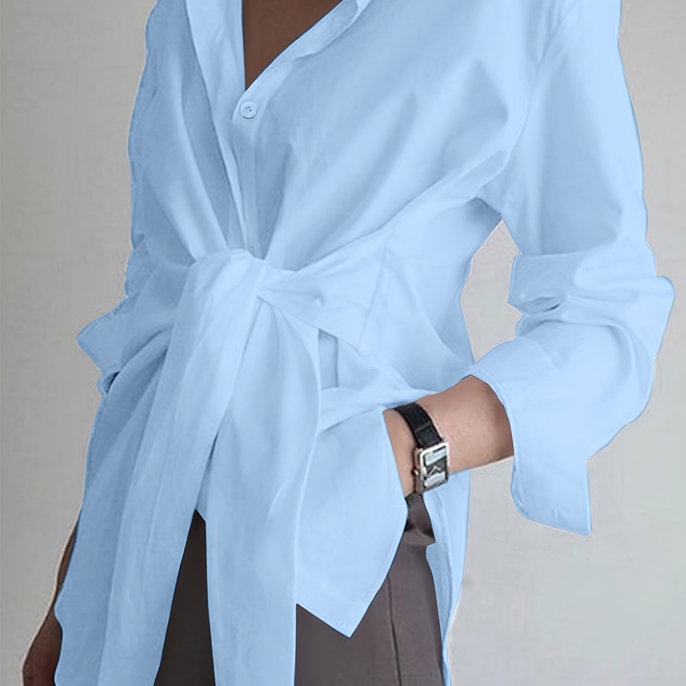 Women'S Casual Solid Color Long Sleeve Shirt, 100% Polyester, Lapel Collar, Button Front, All Season Woven Fabric, 117 gsm - Versatile Adult Shirting