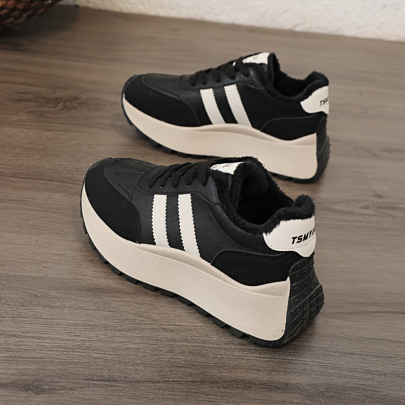 Scarpe da ginnastica invernali da donna con fodera in pile - Scarpe basse con lacci in pelle sintetica con design ricamato e suola spessa e morbida, ideali per un look casual e sportivo, scarpe da ginnastica invernali | Scarpe invernali alla moda | Suola