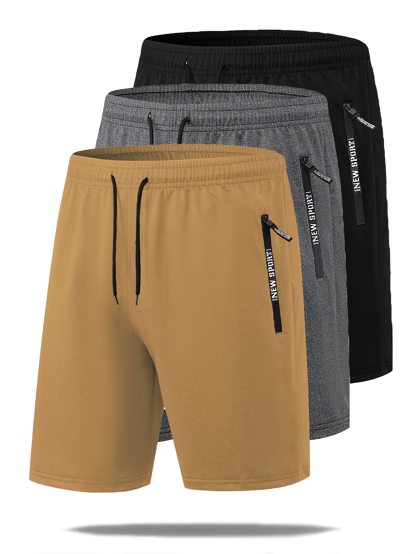 Set di 3 pantaloncini sportivi casual estivi da uomo con elastico in vita e coulisse, con tasche con cerniera, ideali per allenamenti, corsa, palestra e sport all'aria aperta.