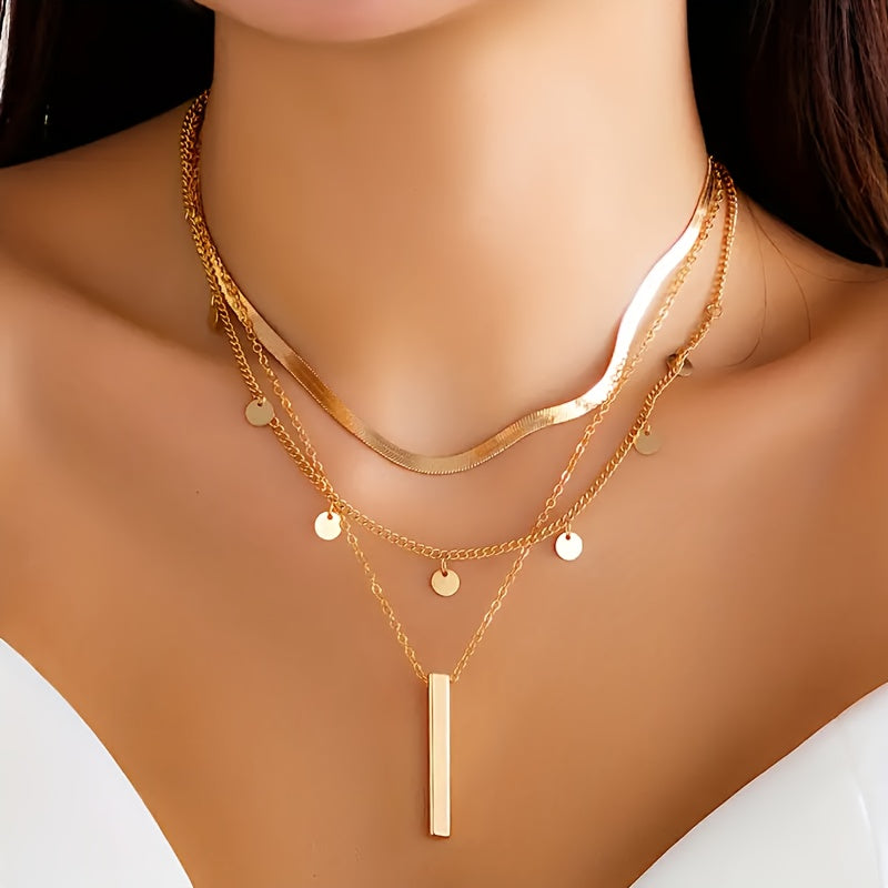 3pz Elegante Set di Collane Multi-Livello ispirate al Vintage, Lega di Zinco, con Pendenti a Disco e Fiocchi, per Donne, Ideale per l'Abbigliamento Quotidiano e le Occasioni Speciali