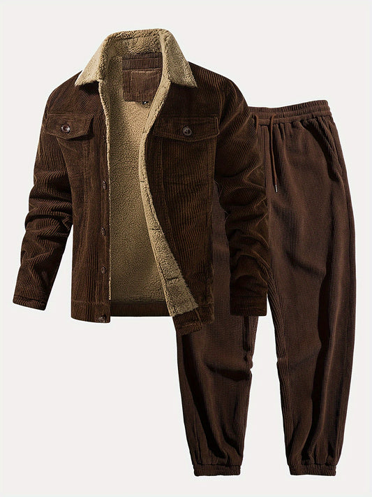 Set di giacca casual da uomo con maniche lunghe e pantaloni da ginnastica in velluto, in poliestere 100%, con colletto a reverso, colore solido, tessuto non elastico, taglio regolare, per l'autunno/inverno - Abbigliamento da uomo