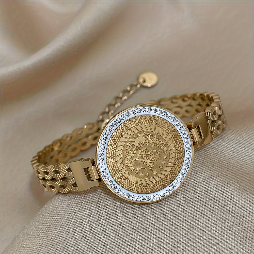 1pz Braccialetto In Acciaio Inossidabile Con Fiori E Uccelli, Rotondo Con Strass In Rilievo, Braccialetto A Cerchio Del Fiore Della Vita