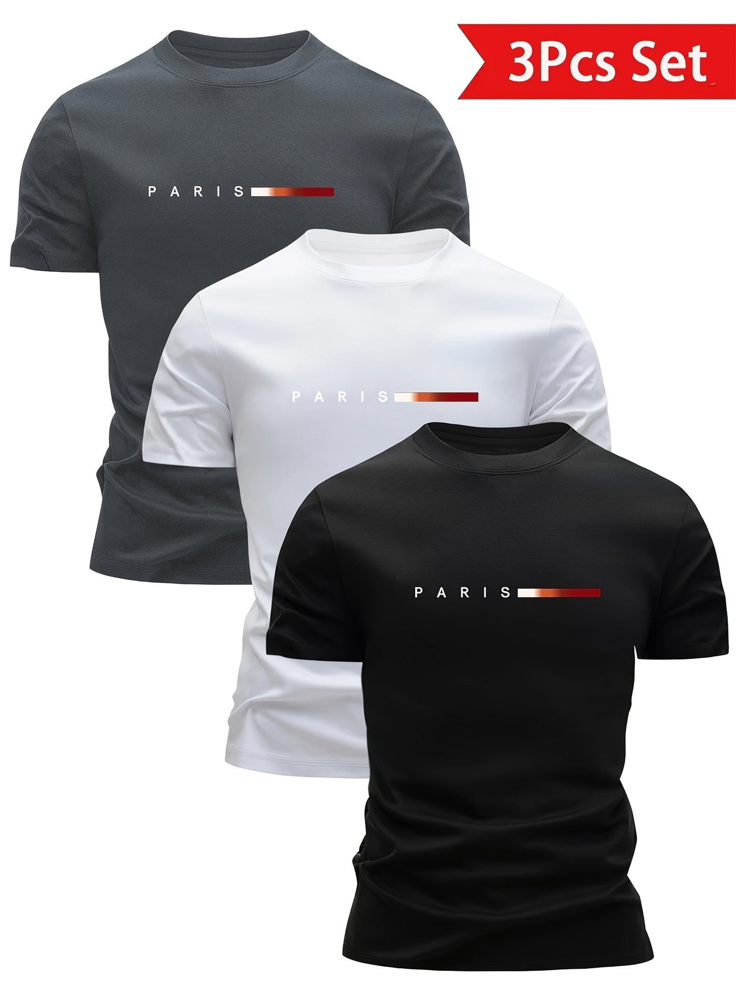 3pcs Magliette da uomo leggere con scollo rotondo - Asciugatura rapida, traspiranti, che assorbono il sudore, design stampa Parigi, vestibilità regolare, abbigliamento casual per tutte le stagioni, regalo ideale per gli uomini, maglietta casual | Magliett