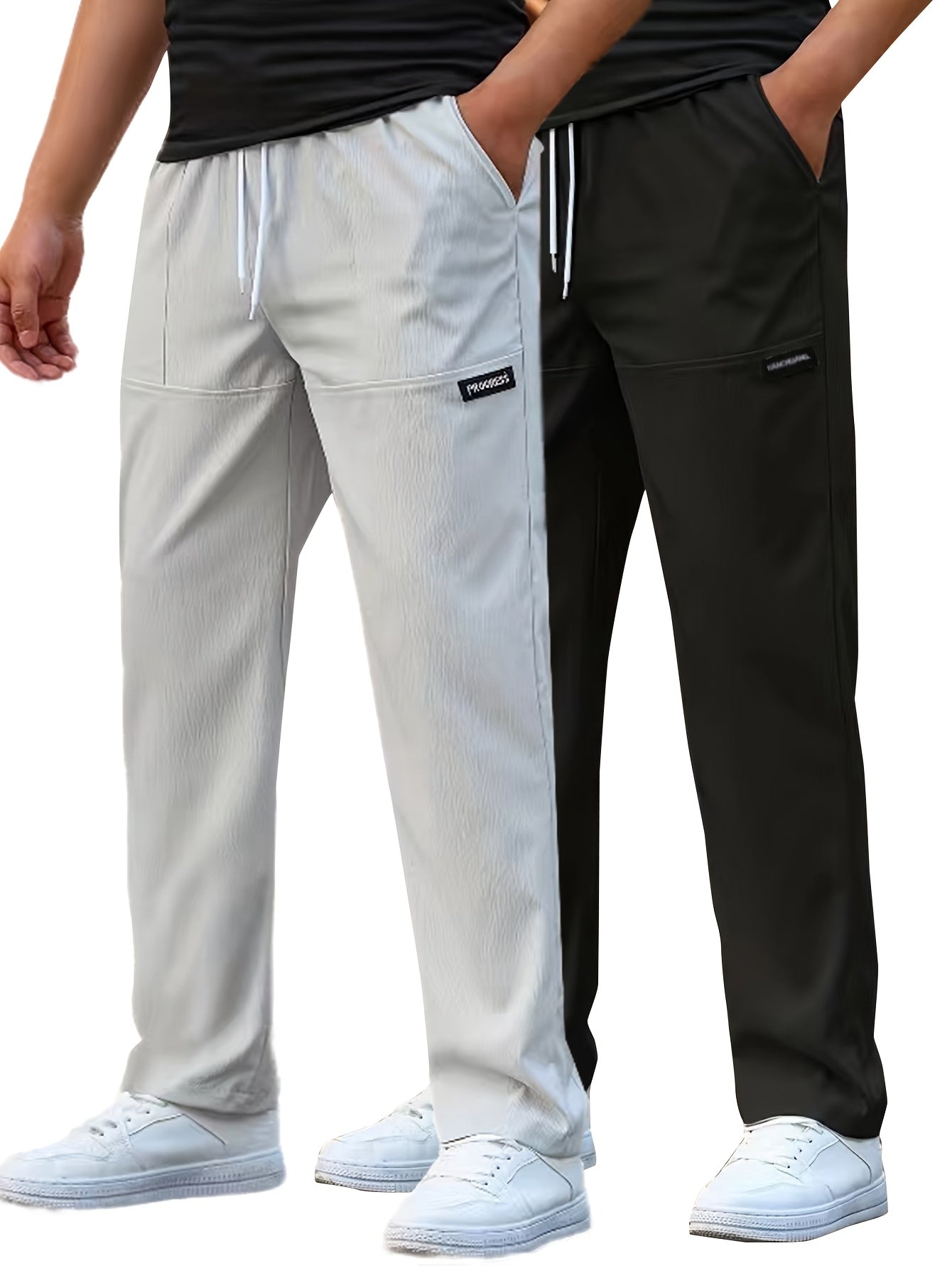 Pantaloni da lavoro casual da uomo a gamba dritta - Poliestere leggero, vita con coulisse, stile primavera/estate, opzioni bianco e blu navy, abbigliamento da lavoro casual | Pantaloni a gamba dritta | Tessuto in poliestere