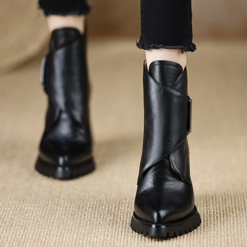 Stivaletti da Donna, Stivali Corti Morbidi in Pelle Sintetica per l'Inverno con Fodera in Peluche Rinforzata e Punta a Vite Retro Europea-Americana