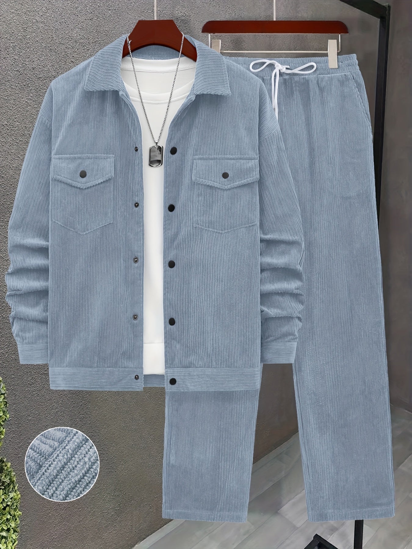 Set autunnale e invernale da uomo 2 pezzi con tessuto a coste intrecciate, tasche a doppia lavorazione, giacca a maniche lunghe e pantaloni larghi con coulisse, abito maturo per uscite casuali/ufficio/appuntamenti, 100% poliestere, lavabile a mano e in la