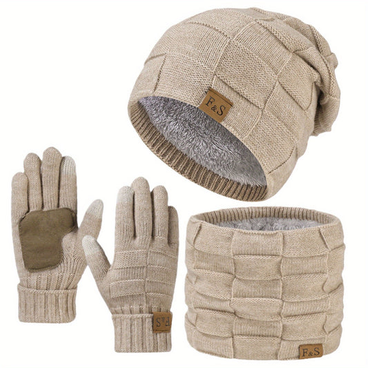 Set invernale in maglia acrilica da 3 pezzi per uomo, tema supereroe, leggero cappello a visiera con pizzo, guanti elastici, calzamaglia con chiusura a scatto, lavabile a mano - Accessori versatili per il giorno della neve