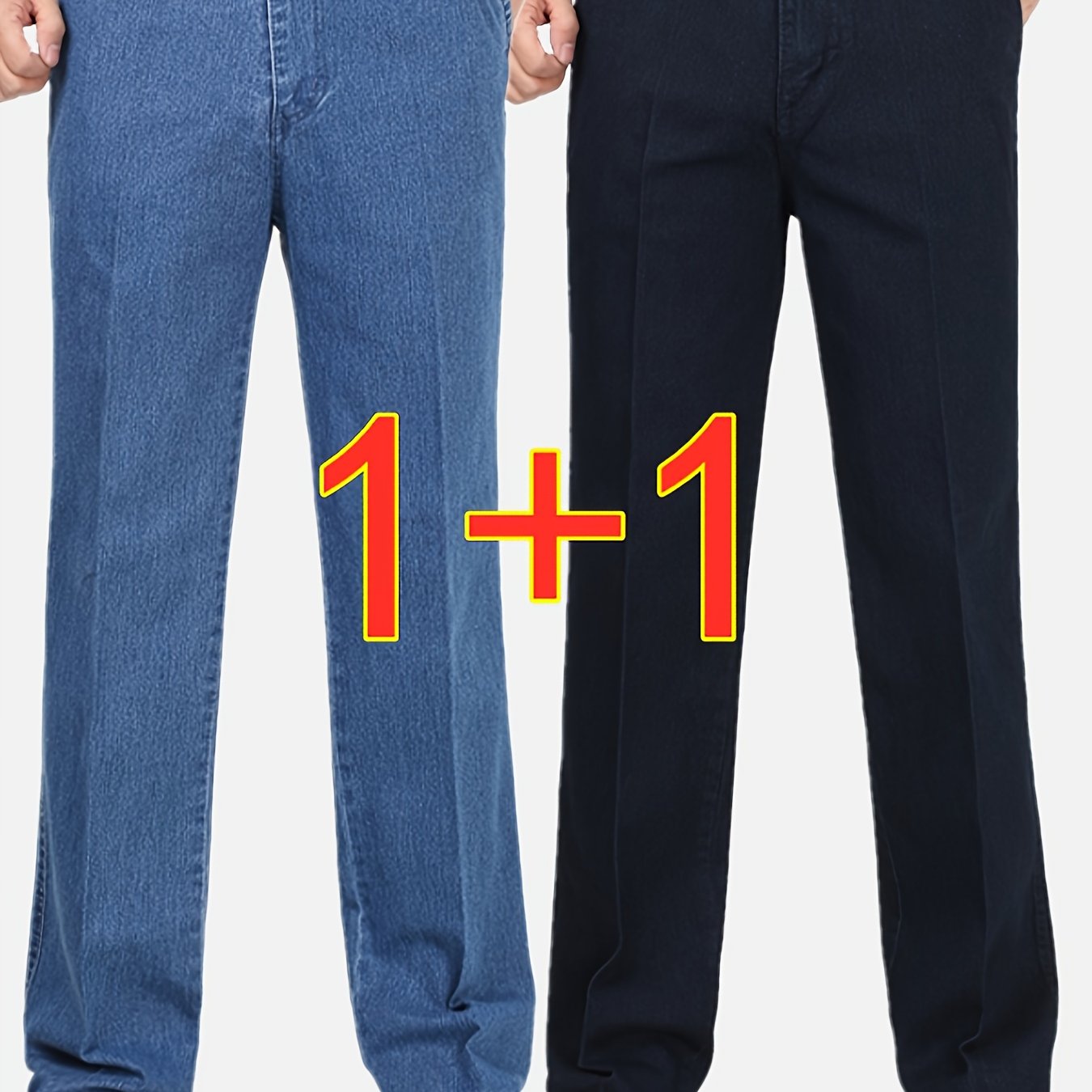 2-Pack Pantaloni da uomo in denim finto a vita alta e gamba dritta - Pantaloni da estate leggeri in denim finto con elastico in vita e cerniera integrata, vestibilità ampia, pantaloni casual in blu chiaro e blu scuro, comfort per tutte le stagioni per abb