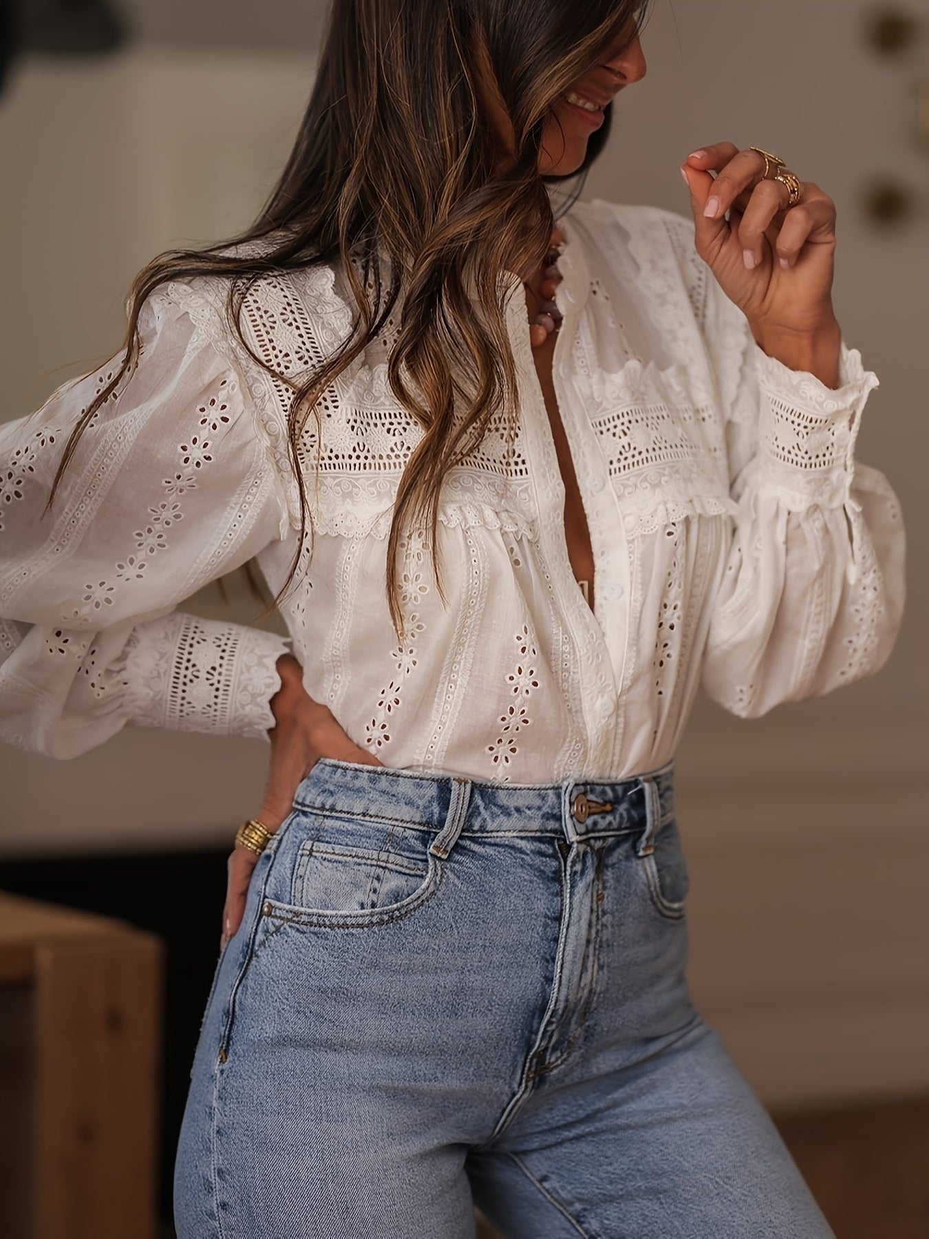 Women'S French-Inspired Elegant Long Sleeve Blouse with Lace Detailing - Round Neck, Button-Up Shirt in White, Perfect for Spring/Summer/Fall, Casual to Formal Wear, Casual Attire | Frenchinspired Blouse | Lace Detailing, Ladies Blouses