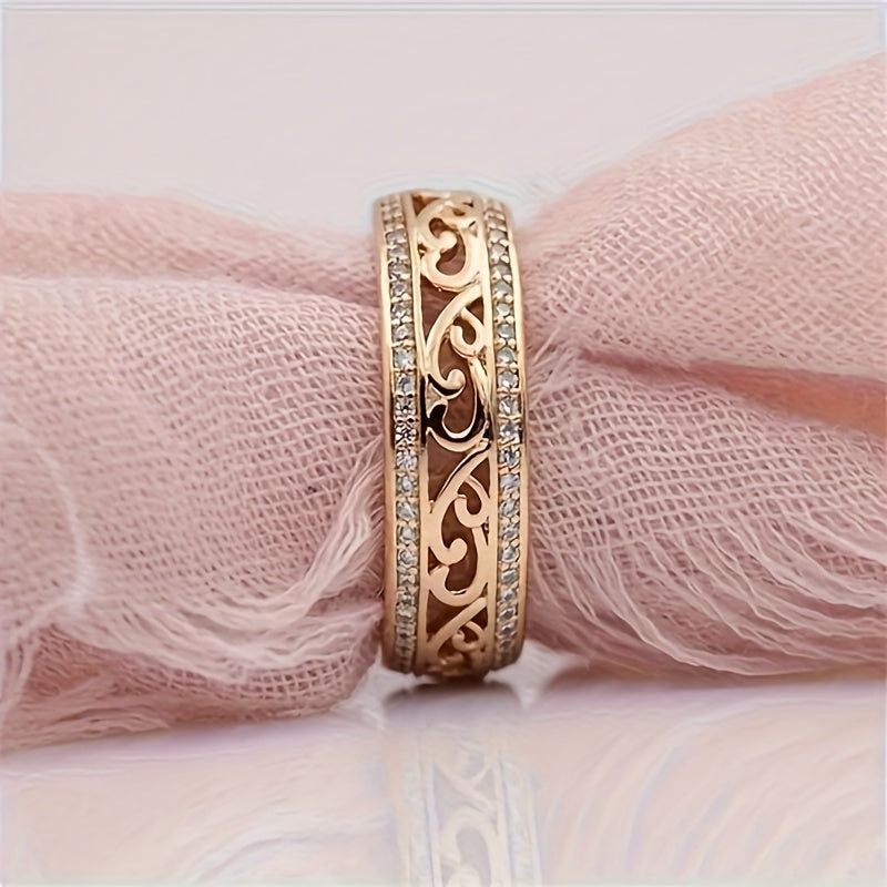 1 pezzo, Anello largo con texture floreale incisa, stile elegante e lussuoso, con pietre di strass luccicanti incastonate, accessorio delicato e alla moda per l'uso quotidiano e le feste, idea regalo per gli amici.