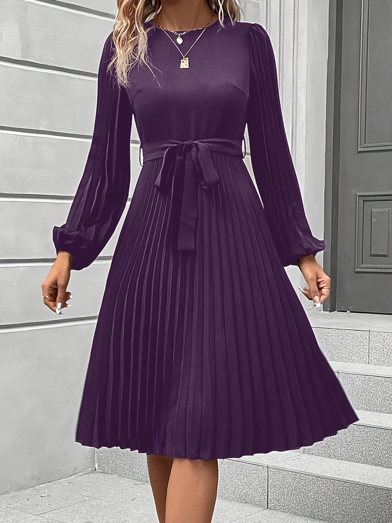 Women'S Elegant Formal & Everyday dress - Long Lantern Sleeves, Adjustable Waist Tie Belt, Flattering A-Line Silhouette, Knee-Length Party Wedding Office Outfit in - Easy-Care Women'S Clothing, Versatile Wardrobe Staple, Sophisticated Pleated Skirt, Durab