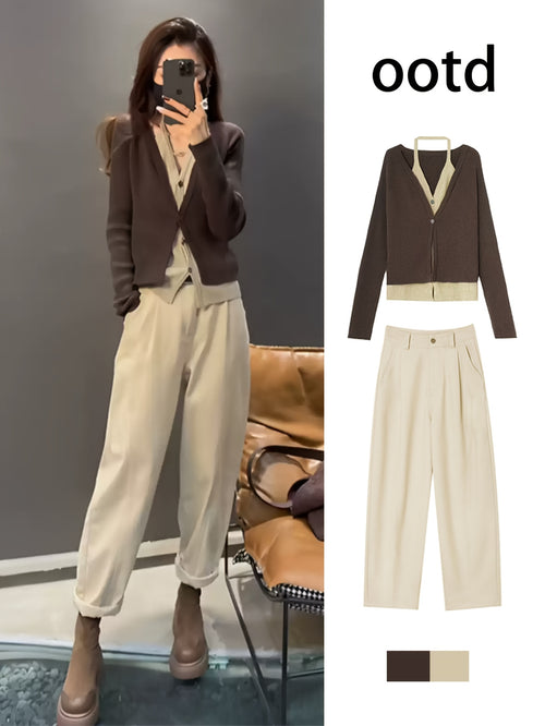 Set moda autunno per donna: jeans beige trendy e cardigan finto due pezzi, abbinamento a due capi di alta qualità/comodo traspirante/moderno (la parte superiore è taglia media), Abbigliamento da Festa per Donne, Abbigliamento da Viaggio per Donne, Donna,