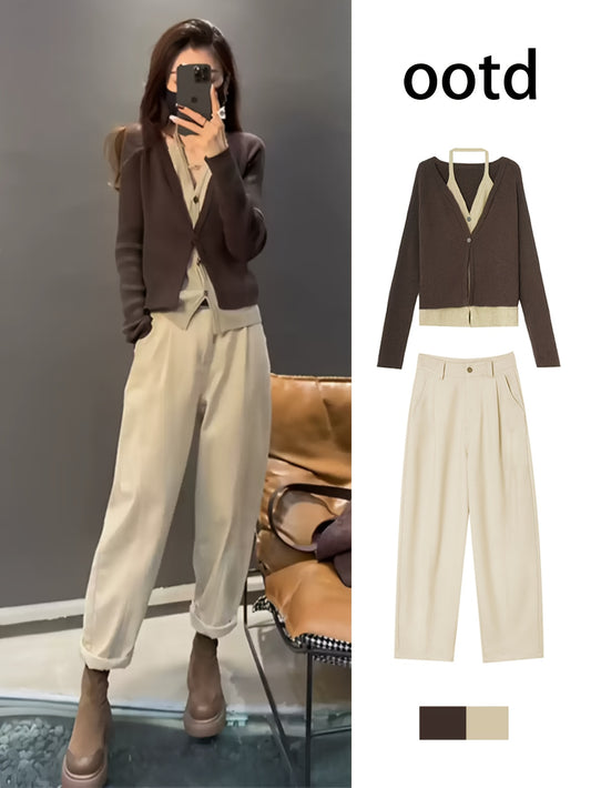 Set moda autunno per donna: jeans beige trendy e cardigan finto due pezzi, abbinamento a due capi di alta qualità/comodo traspirante/moderno (la parte superiore è taglia media), Abbigliamento da Festa per Donne, Abbigliamento da Viaggio per Donne, Donna,