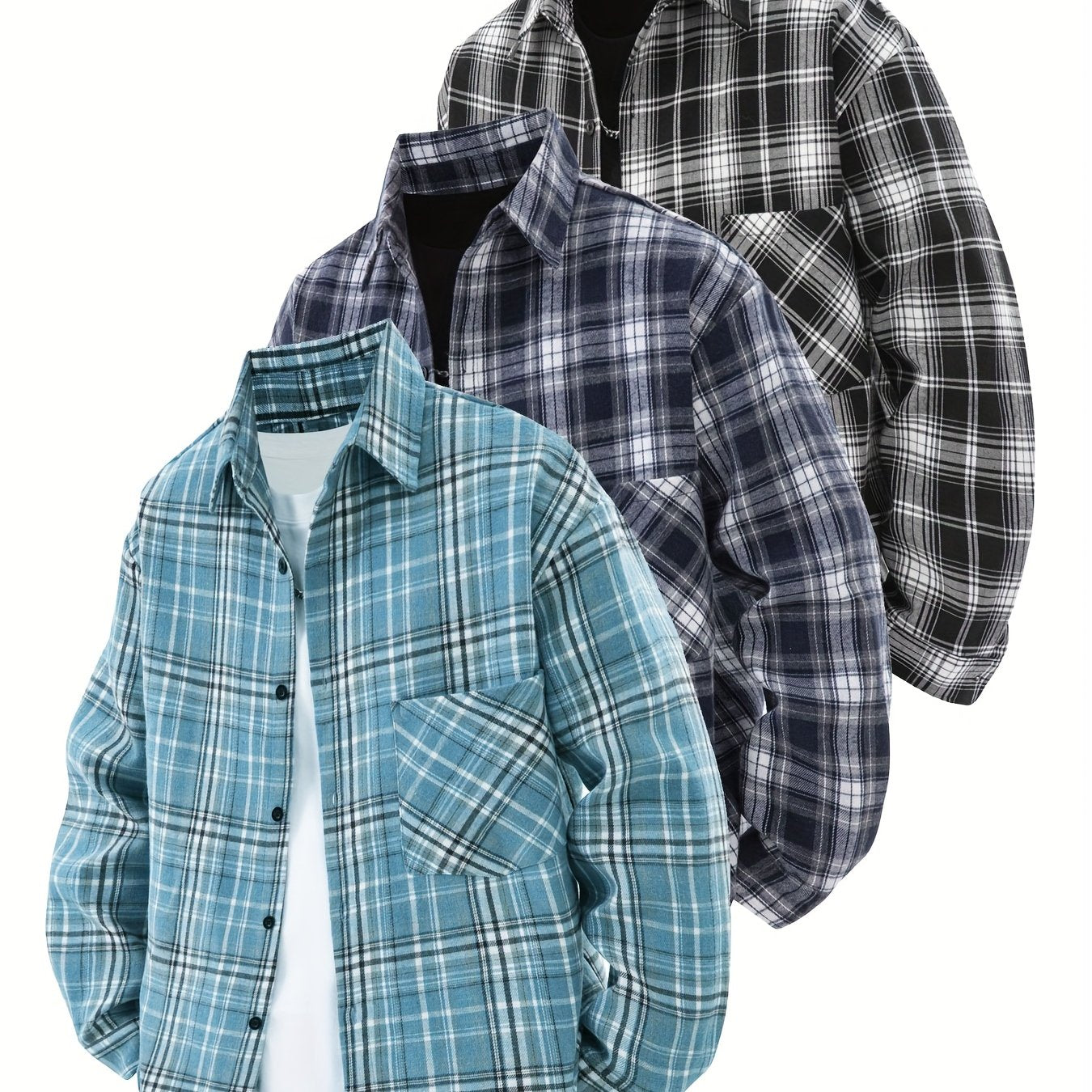 Set di 3 camicie a quadri da uomo - Camicie casual a vestibilità ampia con bottoni, colletto, maniche lunghe e tasche sul petto per abbigliamento primaverile/autunnale da esterno, capispalla versatili e alla moda, abbigliamento primaverile autunnale | Des