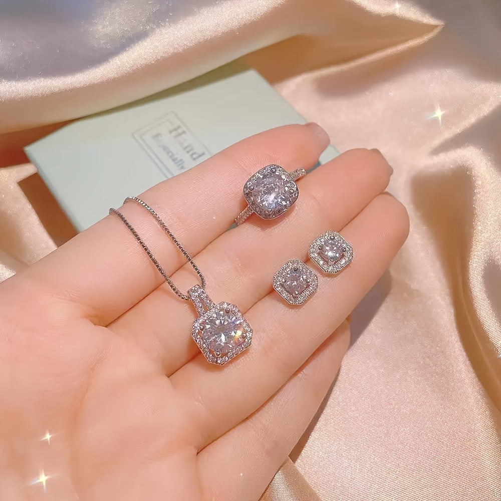 3pezzo Set di gioielli in argento placcato 925 con moissanite elegante per donne - Stile minimalista lussuoso con anello aperto, orecchini a clip, collana, perfetto per l'uso quotidiano e come regalo