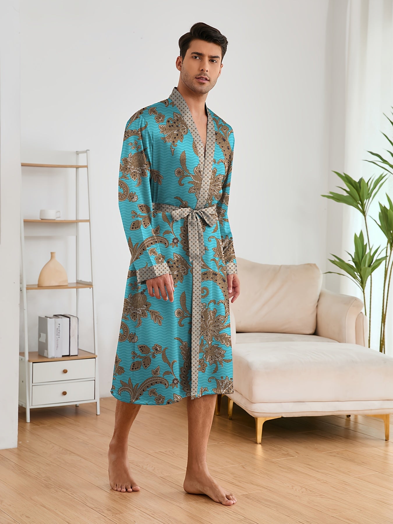 Accappatoio da uomo, pigiama elegante e leggero di lusso, stampa floreale elegante e raffinata, accappatoio con scollo a V a maniche lunghe e pantaloncini, set di vestaglia da notte per l'uso domestico