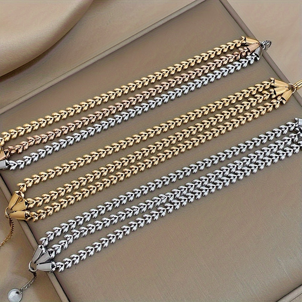 Women's Stainless Steel Wheat Design Golden-Tone Multi-Layer Chain Bracelet - Adjustable Lobster Clasp Statement Jewelry for Parties, Casual Attire & Special Occasions, Fashion Accessory, Elegant Style, Stylish Craftsmanship, Accessory Enthusiasts
