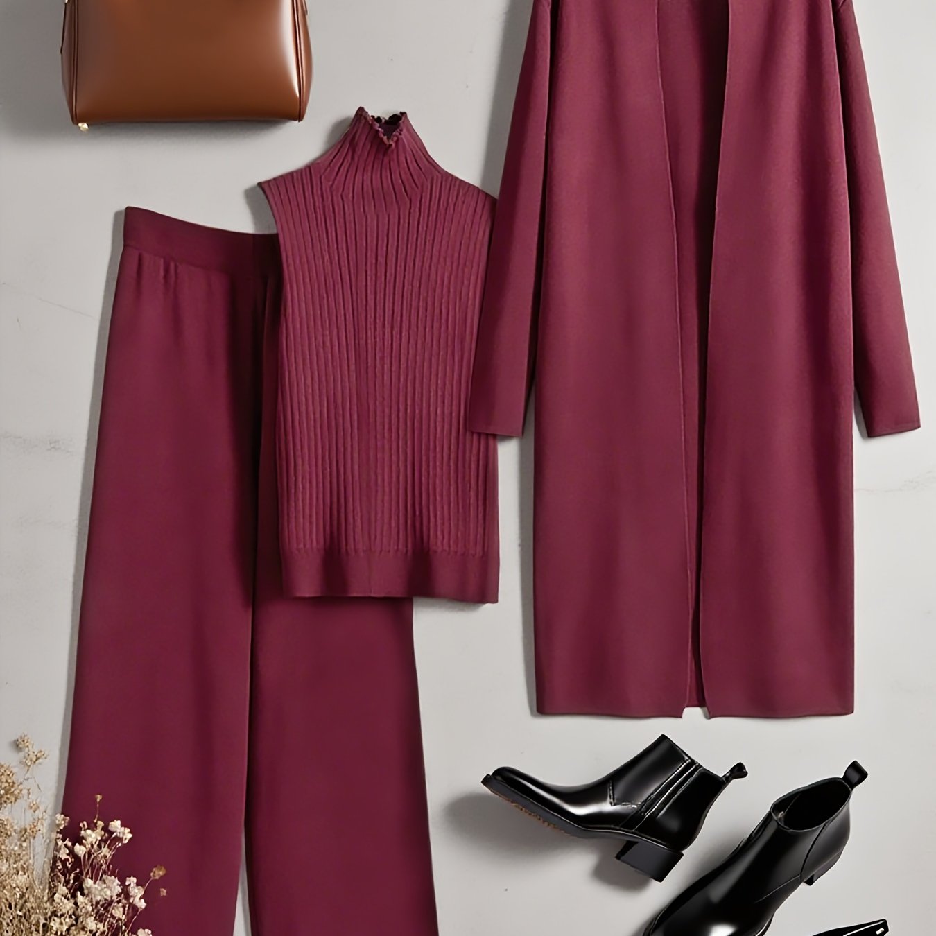 Set Invernale da Donna 3 Pezzi - Elegante Tuta Ispirata al Stile Coreano con Blazer a Collo, Pantaloni a Gamba Larga e Giacca | Lavabile a Mano per Ufficio e Semi-Formale, Beige/Marrone/Blu Navy/Taupe (Non Lavare a Secco)