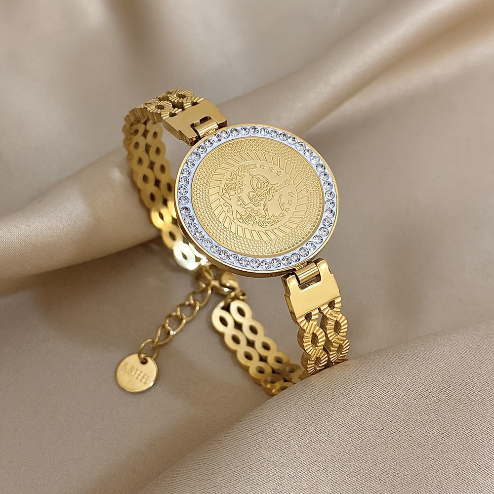 1pz Braccialetto In Acciaio Inossidabile Con Fiori E Uccelli, Rotondo Con Strass In Rilievo, Braccialetto A Cerchio Del Fiore Della Vita