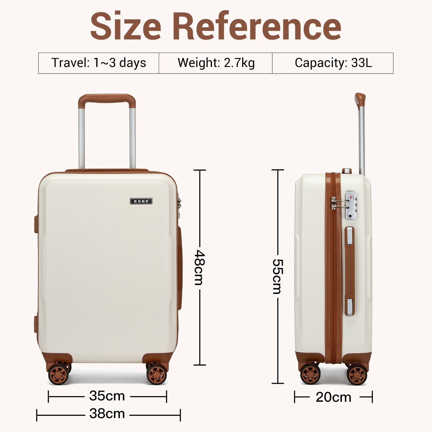 1Pcs di Valigia Kono da 20/24/28 pollici in Crema e Marrone, Bagaglio a Mano Piccolo in PC + ABS con Guscio Rigido Leggero e Durevole, con Doppie Ruote Girevoli, Serratura di Sicurezza TSA, Regalo per le Vacanze di Ritorno a Scuola, Manico Telescopico, Ru