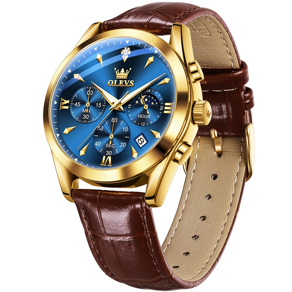 Orologio OLEVS per Uomo Classico Cronografo Pelle Marrone Cassetta Dorata Analogo Quarzo Moda Affari Abito Grande Viso Orologio da Uomo Giorno Data Luminoso Casual Maschio Orologio da Polso Regali Romantici Relojes De Hombre Blu/Nero/Bianco/Marrone Dial