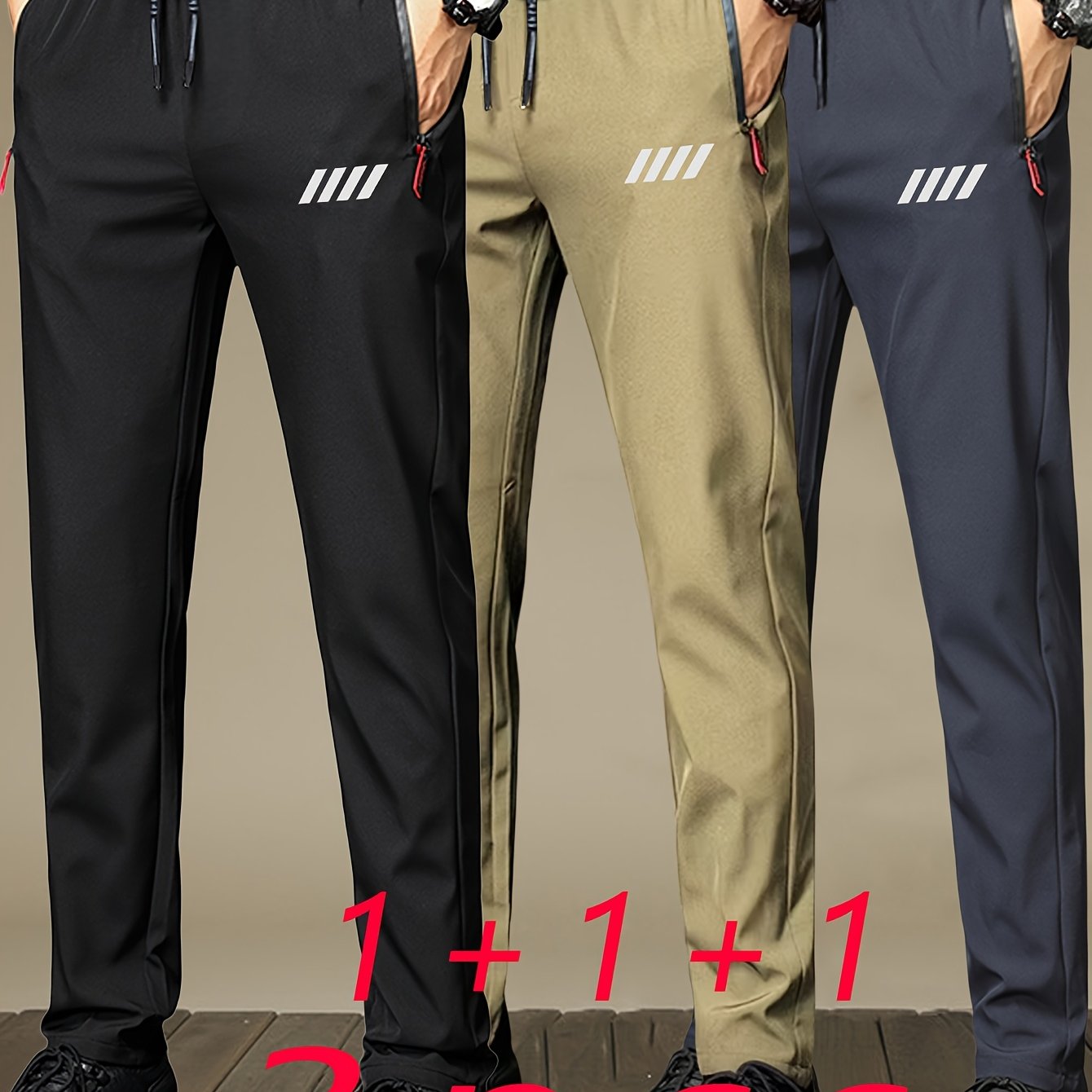3 Pezzi di Pantaloni Sportivi da Uomo con Tasche con Cerniera, Design Stampa alla Moda, Tessuto Leggero e Traspirante per lo Sport Estivo e Abbigliamento Casual, Idea Regalo Perfetta, Pantaloni Atletici Moderni, Design Pratico delle Tasche