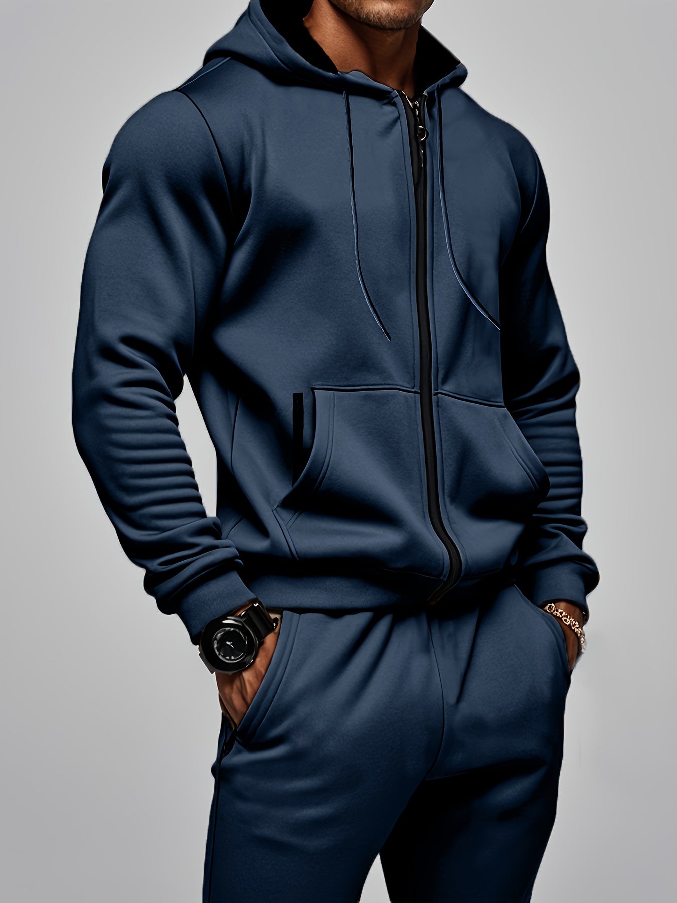 Set di 2 pezzi da uomo con felpa con cappuccio a tinta unita a maniche lunghe + pantaloni, set casual sportivo da fitness coordinato
