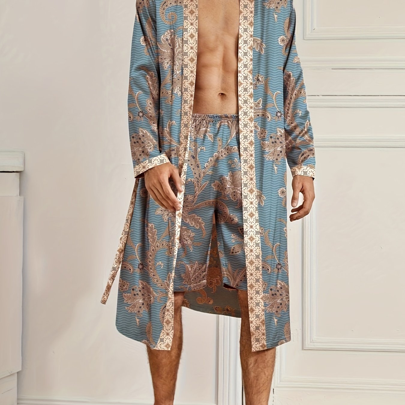 Accappatoio da uomo, pigiama elegante e leggero di lusso, stampa floreale elegante e raffinata, accappatoio con scollo a V a maniche lunghe e pantaloncini, set di vestaglia da notte per l'uso domestico