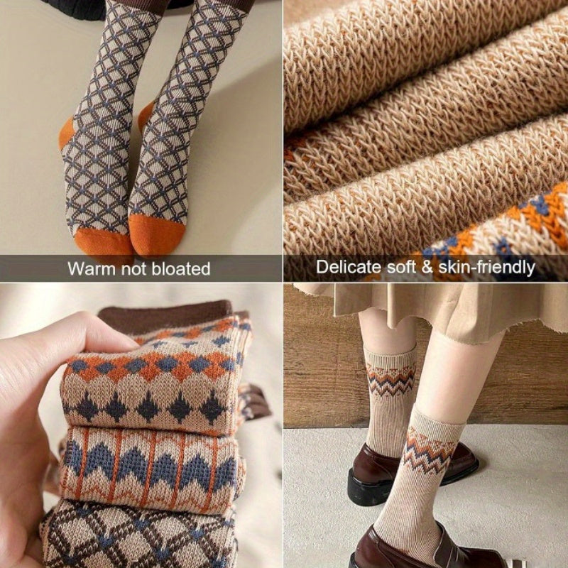 5 paia di calzini a righe argyle per donne - morbidi, traspiranti, ispirati al vintage, calzini a metà polpaccio in blu, arancione, beige e marrone, perfetti per regali d'autunno e inverno, calzini carini
