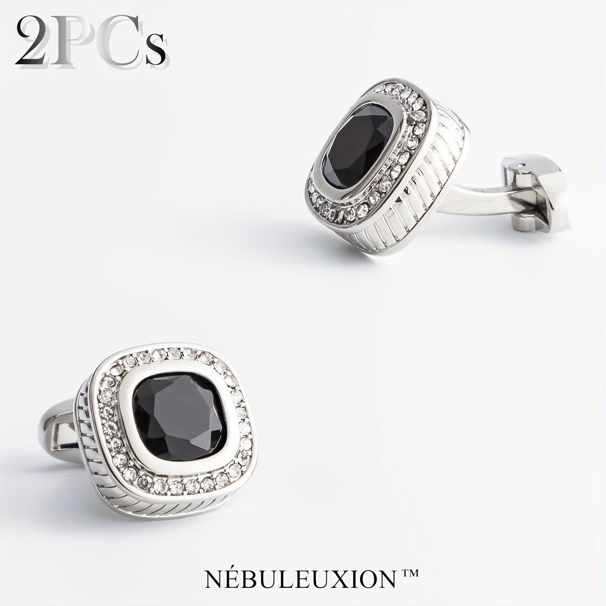 Set di 2 Gemelli NÉBULEUXION Premium Argento con Gemma Blu & Halo di Cristallo - Gemelli Francés Glamour per Matrimoni, Banchetti, Cerimonie, Affari | Regalo Ideale