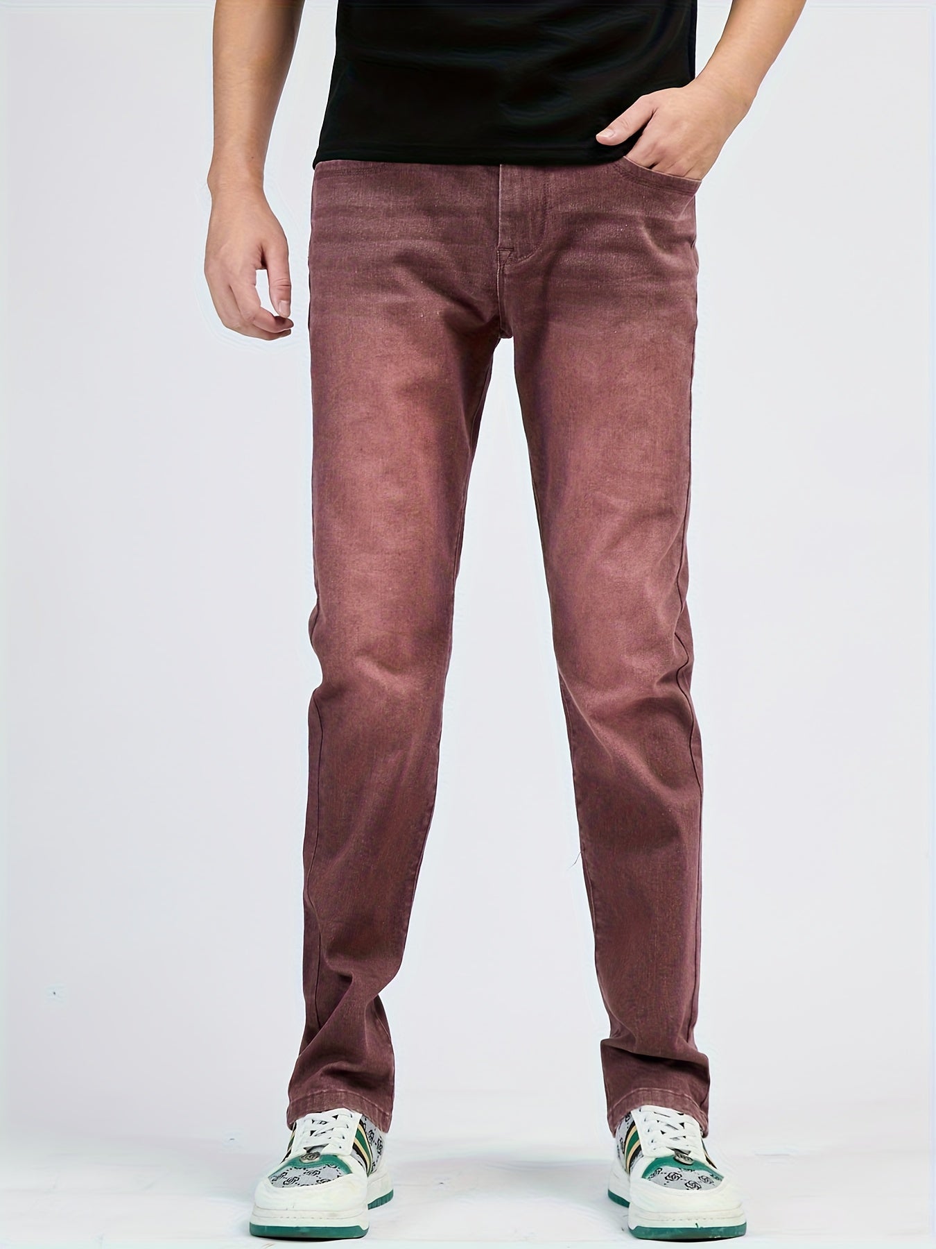 1pezzo Pantaloni casual da uomo slim-fit in denim sintetico, con chiusura a bottoni, comodi per tutte le stagioni, lavaggio leggero, kaki, versatili per abbigliamento casual, abbigliamento confortevole | Slim Fit Faux Denim | Tessuto resistente