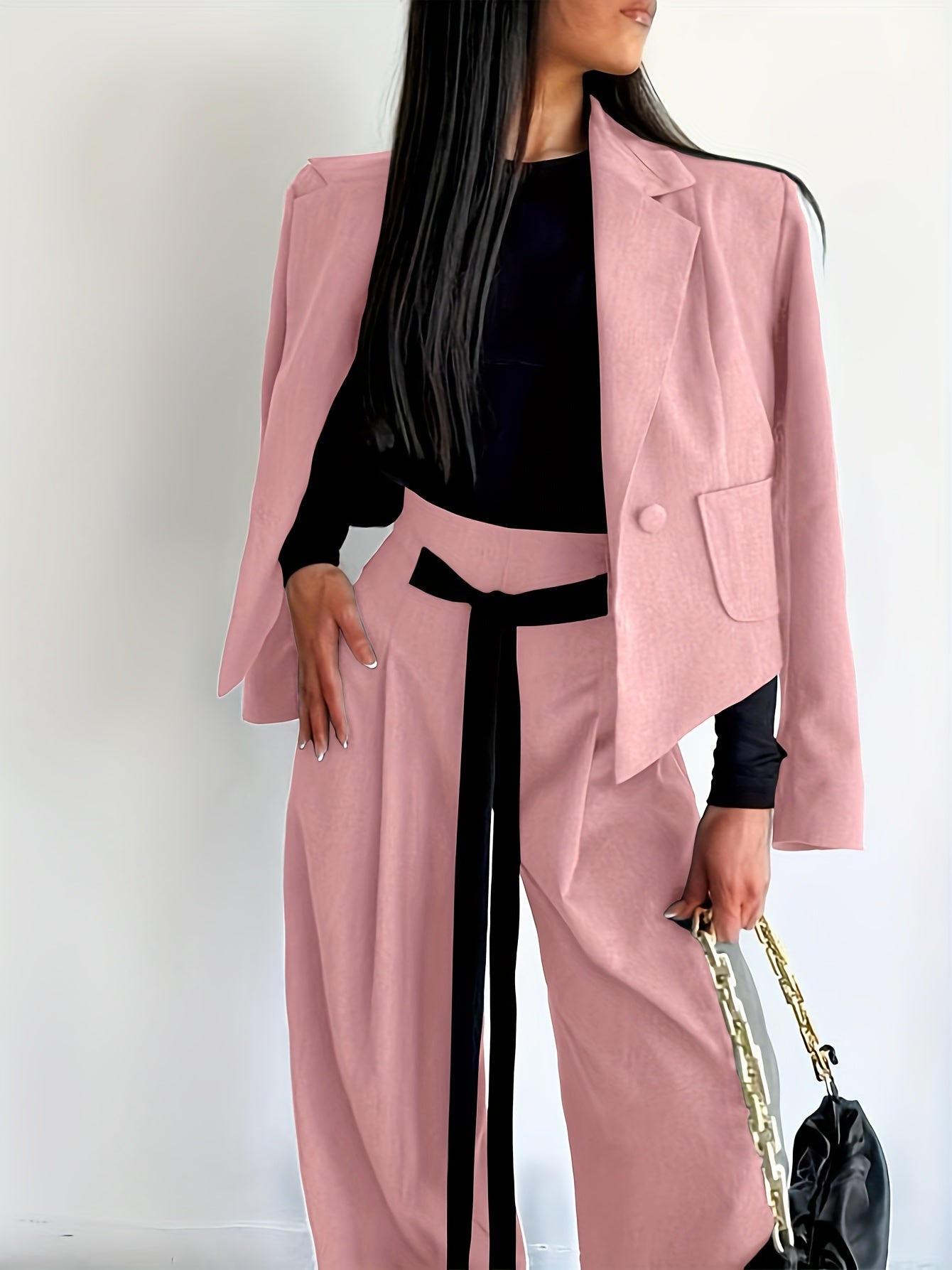 BK052044 Elegant Suit Jacket and Waist-Tie Loose Straight-Leg Wide-Leg Pants Women's Two-Piece Suit
