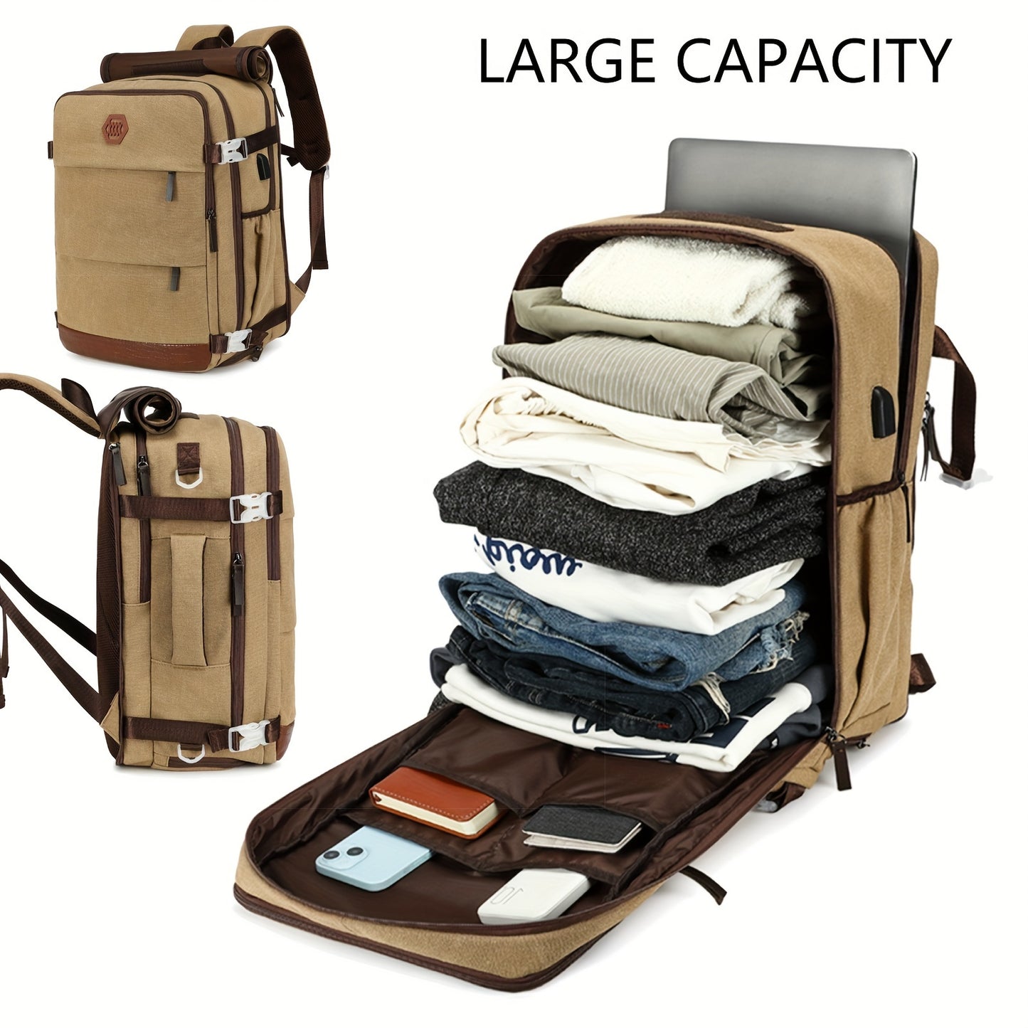 Zaino da Viaggio Approvato dalle Compagnie Aeree con Porta di Ricarica USB, Scomparto per Scarpe e Custodia per Laptop da 99,8 cm - Borsone Leggero per Università Uomini e Donne, Design Marrone & Beige, Spallacci Regolabili, Tasche Multiple, Solo Lavaggio