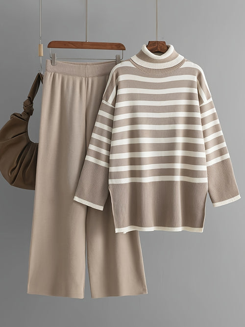 Set di maglione a righe elegante a collo alto e pantaloni a gamba larga per donne - Righe verticali beige e bianche, vestibilità ampia, maniche lunghe, chiusura a bottoni, perfetto per l'autunno/inverno, abbigliamento casual a formale, abbigliamento casua