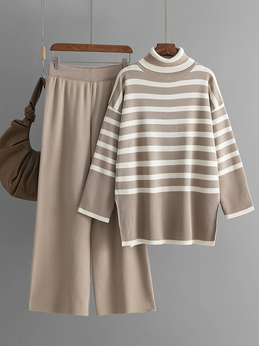 Set di maglione a righe elegante a collo alto e pantaloni a gamba larga per donne - Righe verticali beige e bianche, vestibilità ampia, maniche lunghe, chiusura a bottoni, perfetto per l'autunno/inverno, abbigliamento casual a formale, abbigliamento casua