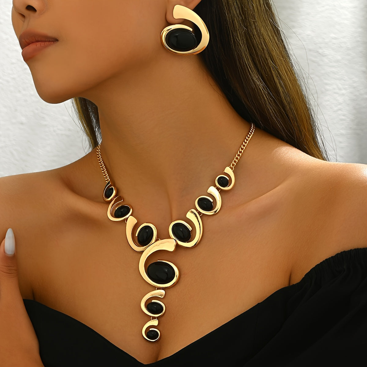 1 Set Boho Classic 2 pezzi Set di gioielli da donna, forma a spirale con intarsi di strass neri, collana a Y e orecchini, lega, versatile per l'uso quotidiano e per le feste