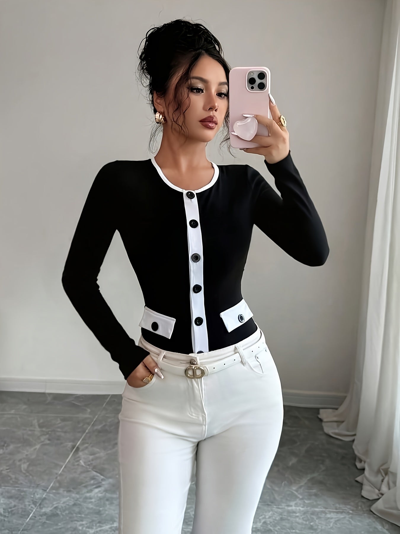 Women's Elegant Black & White Contrast Long Sleeve T-Shirt with Round Neck & Decorative Collar - Mid-Stretch Office to Casual Top, Faux Pocket Design, Spring/Fall Wardrobe Essential (Hand Washable, Non-See-Through)