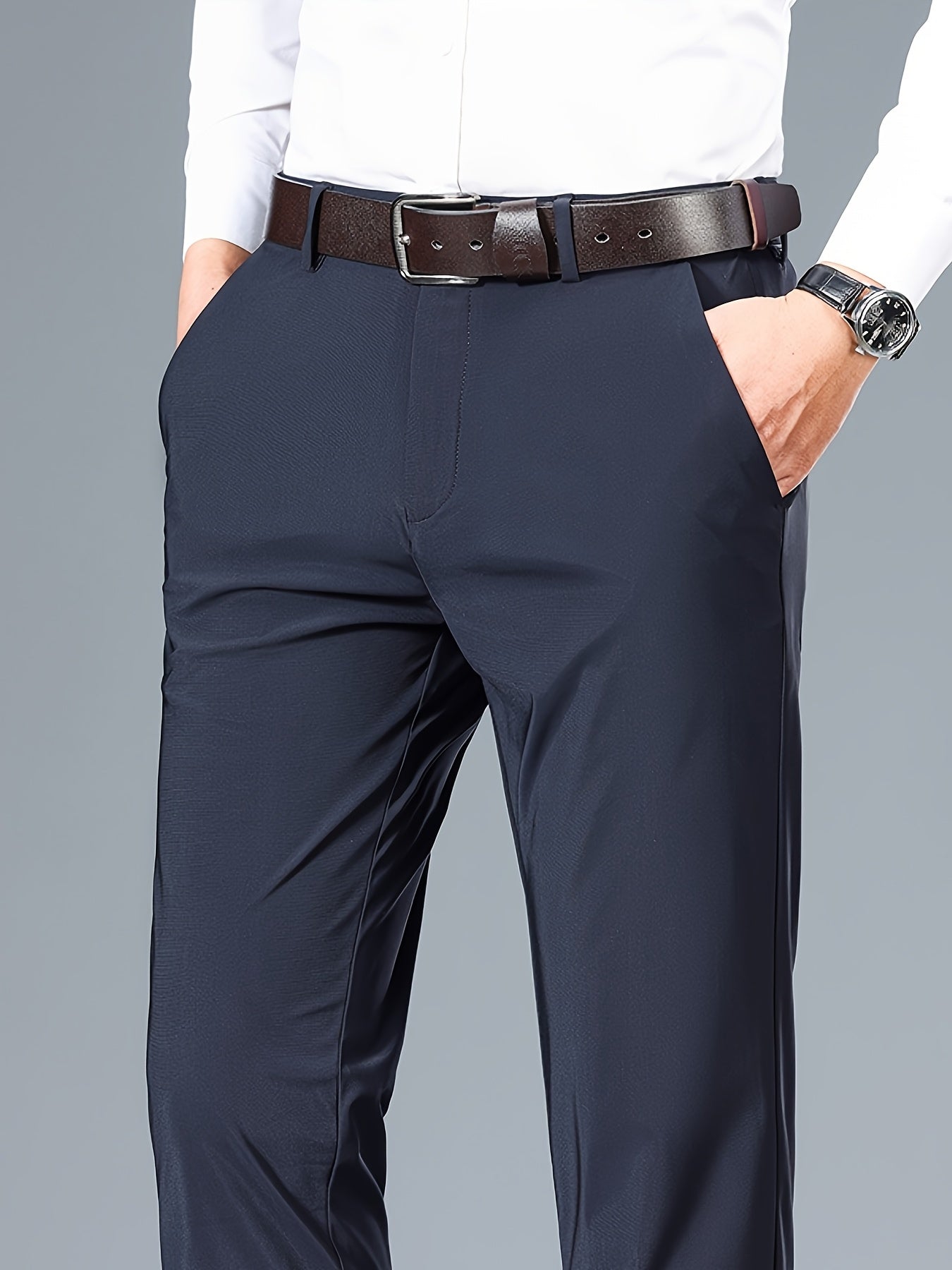 2025 Nuovi Pantaloni da Uomo in Tessuto Fibra Slicky Ice ad Alta Elasticità - tocco liscio, traspirante e elasticizzato, vestibilità regolare a vita media con dettagli di bottoni per ufficio e casual, comfort per tutte le stagioni, abbigliamento da uffici