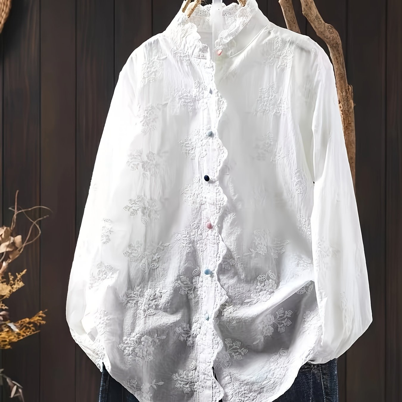 Women's Loose Embroidered Blouse with Floral Embroidery & Lace Trim - Stand-Up Collar Long Sleeve Button Front Shirt, Machine Washable All-Season Top for Casual & Office Wear