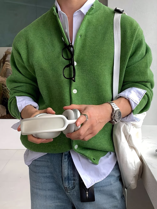 Maglione Cardigan Casual da Uomo - Tinta Unita con Maniche Lunghe e Bottoni, Pullover a Collo Rotondo Regular Fit per Autunno Inverno, Pezzo Versatile da Indossare sopra Jeans & Pantaloni Eleganti, Tessuto Confortevole