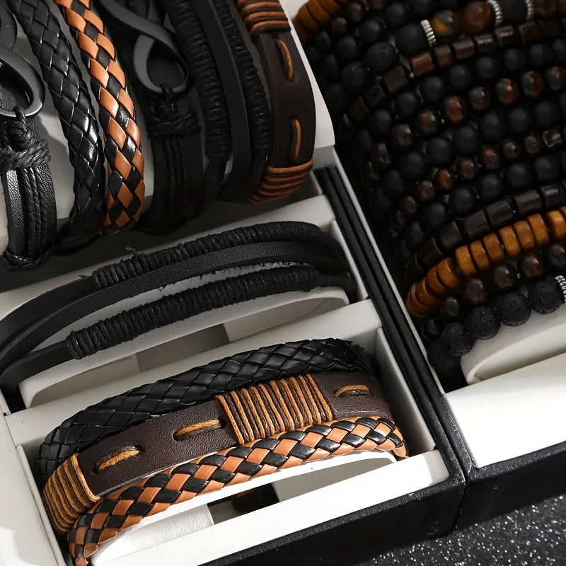 24 pezzi Set di Accessori di Moda da Uomo, Braccialetti in Pelle Sintetica e Perline di Legno in Stile Street, Design Versatili a Strati per Abbigliamento Casual, con Confezione Multipla per Regali (Scatola Non Inclusa)