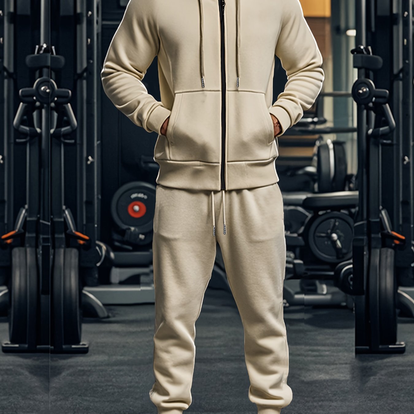 Set di 2 pezzi da uomo con felpa con cappuccio a tinta unita a maniche lunghe + pantaloni, set casual sportivo da fitness coordinato