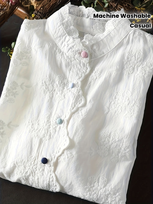 Women's Loose Embroidered Blouse with Floral Embroidery & Lace Trim - Stand-Up Collar Long Sleeve Button Front Shirt, Machine Washable All-Season Top for Casual & Office Wear