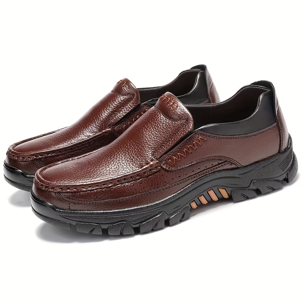 Scarpe Eleganti da Uomo in Vera Pelle Slip-On per Papà di 40-50 Anni - Suola in Gomma Antiscivolo, Punta Tonda, Comode, Adatte per Tutto l'Anno per Occasioni Casual e Business (Marrone, Fino alla Taglia 50), Calzature Versatili | Cerniera Laterale | Scarp