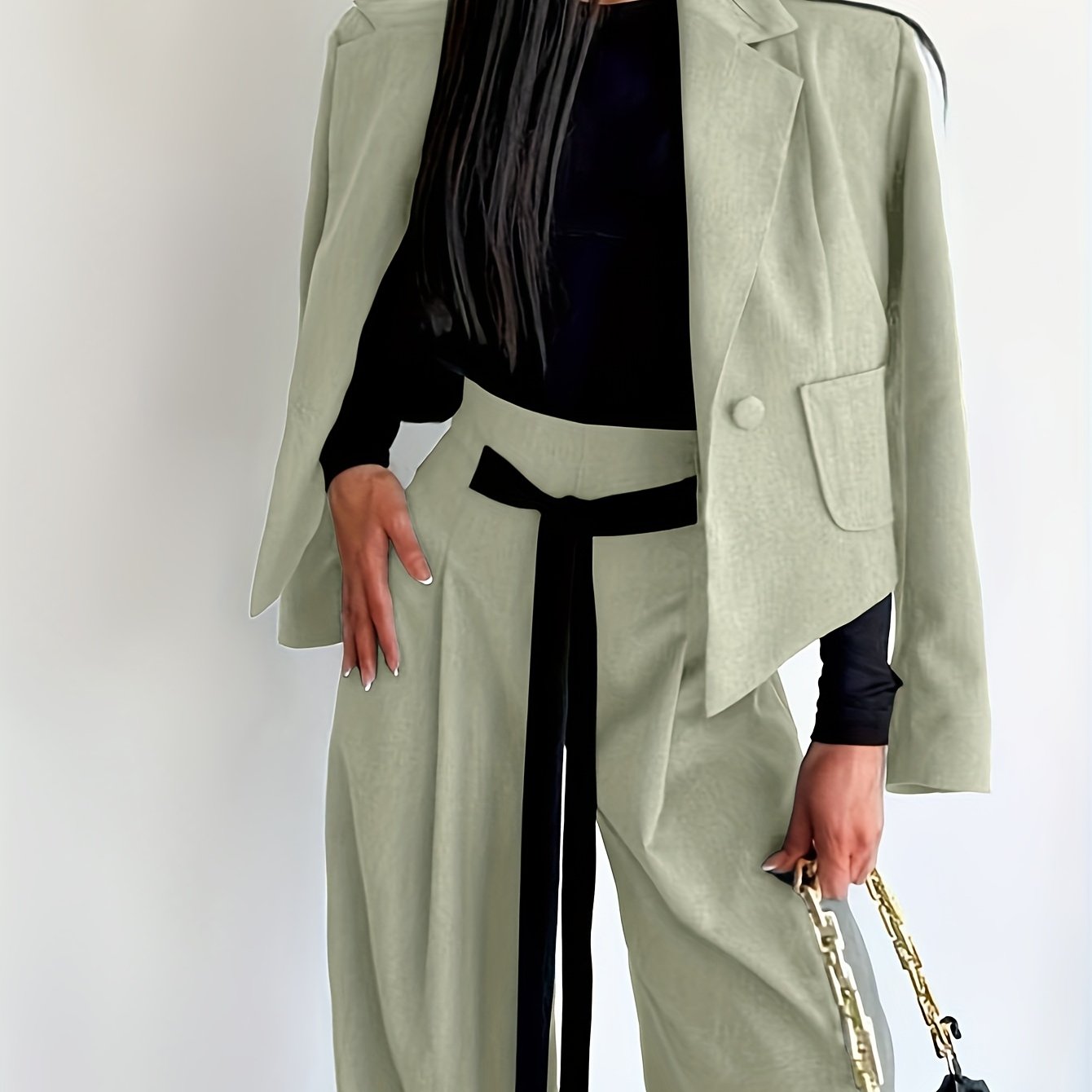 BK052044 Elegant Suit Jacket and Waist-Tie Loose Straight-Leg Wide-Leg Pants Women's Two-Piece Suit
