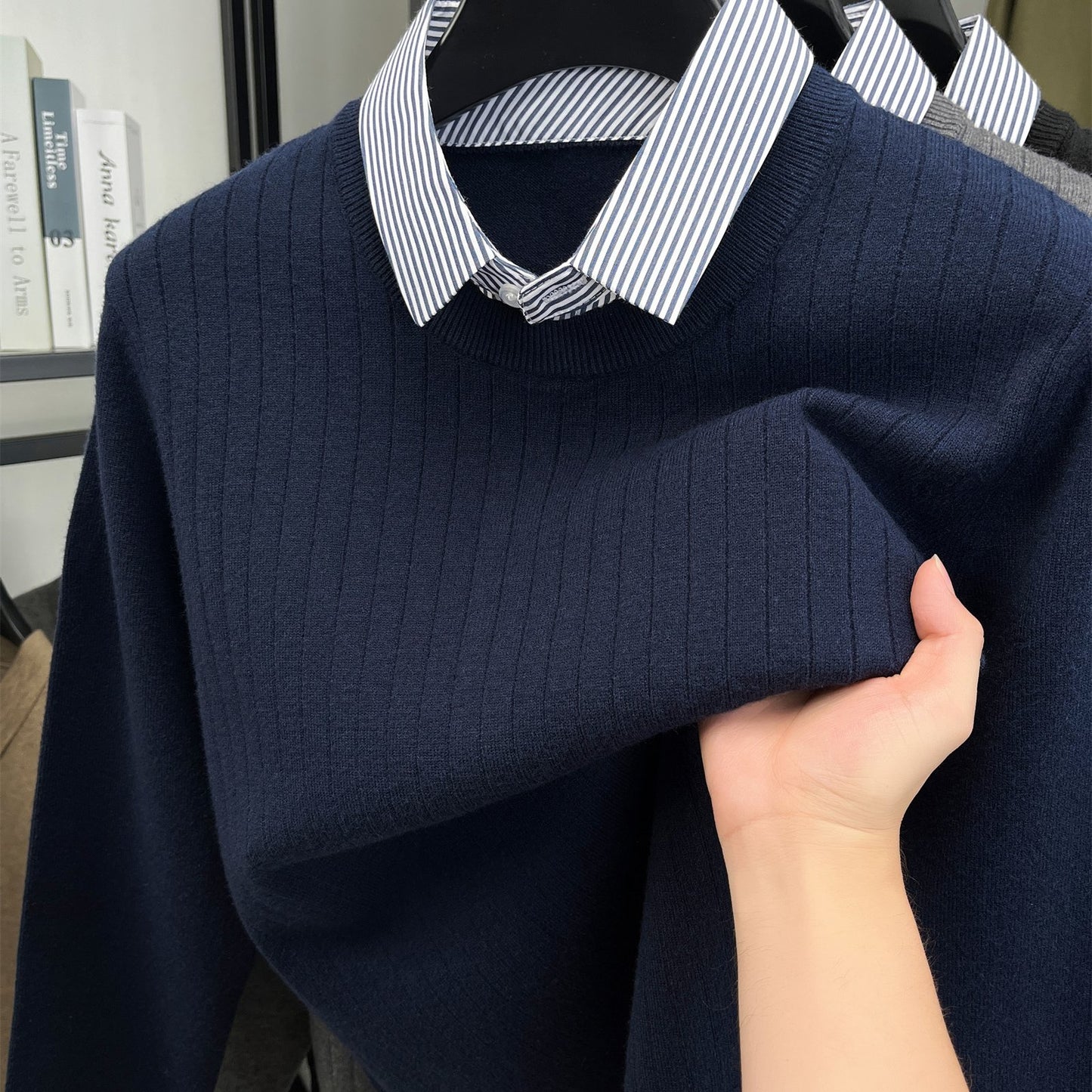 ZBZP Autunno e Inverno Maglione Spesso a Due Pezzi per Uomo con Colletto Camicia, Realizzato in 500 Grammi di Misto Velluto, Un Maglione a Maglia per Abbigliamento Maschile.