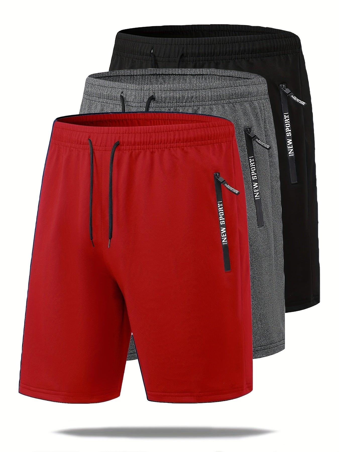 Set di 3 pantaloncini sportivi casual estivi da uomo con elastico in vita e coulisse, con tasche con cerniera, ideali per allenamenti, corsa, palestra e sport all'aria aperta.